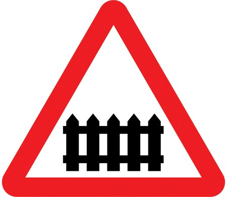 Level crossing with gate or barrier ahead symbol