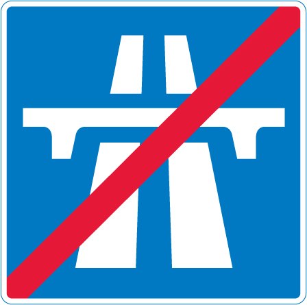 End of motorway regulations, including the national speed limit symbol